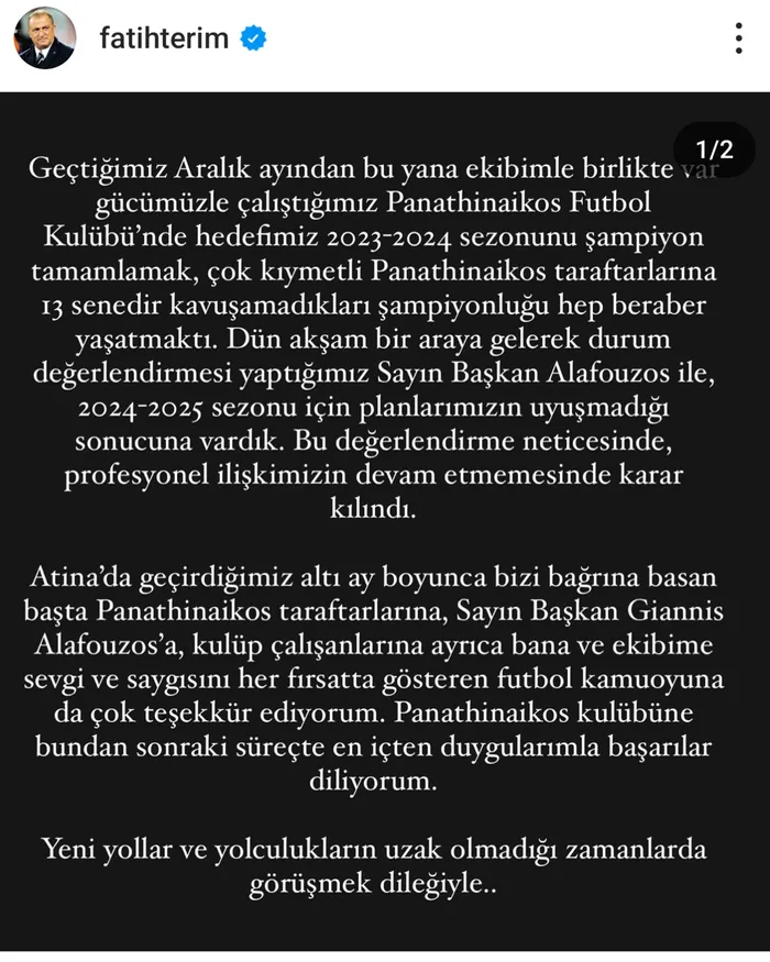 SON DAKİKA: Fatih Terim Panathinaikos ile yollarının ayrıldığını açıkladı! - 1