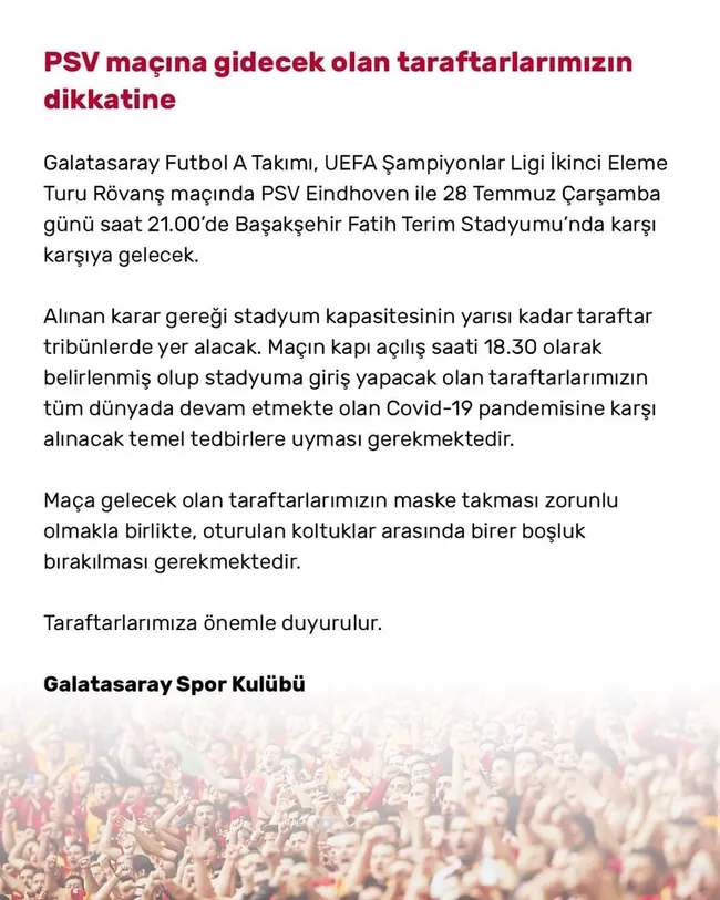 Son dakika spor haberi: Galatasaray'dan PSV Eindhoven maçı öncesi taraftarlara uyarı! - 1