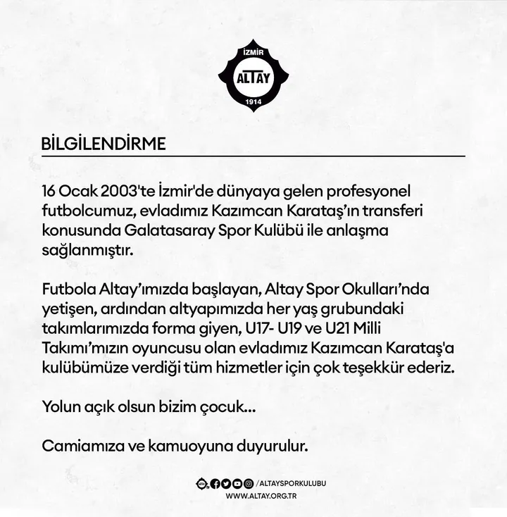 Altay Kazımcan Karataş'ın Galatasaray'a transfer olduğunu açıkladı! - 1