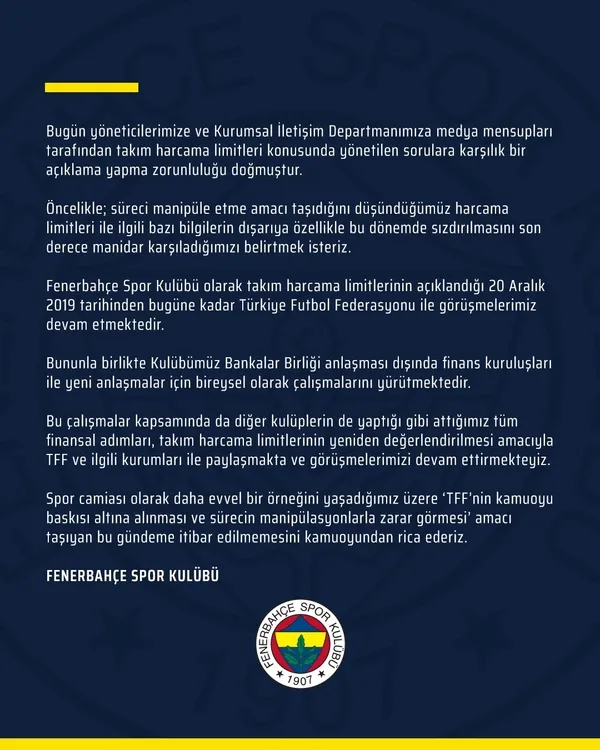 Fenerbahçe'den 'takım harcama limitleri' hakkında açıklama! - 1