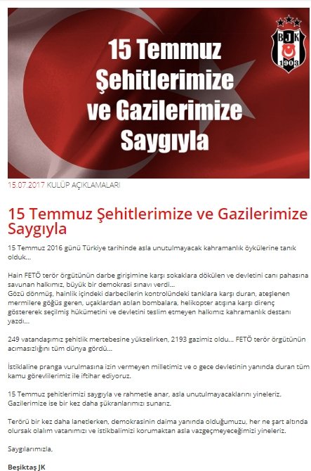 Spor camiasından 15 Temmuz mesajları