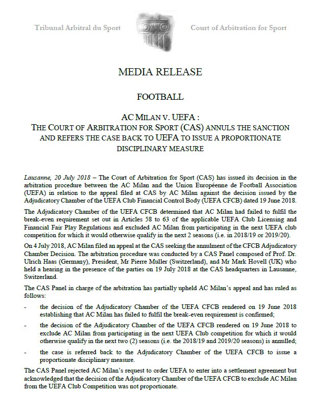 CAS, UEFA'nın Milan'a verdiği men cezasını kaldırdı! Galatasaray'a müjde - 1