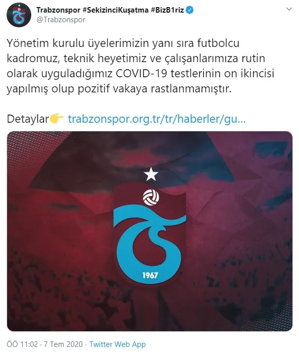 Trabzonspor'a yapılan yeni tip corona virüsü (Covid-19) testleri negatif çıktı! - 1