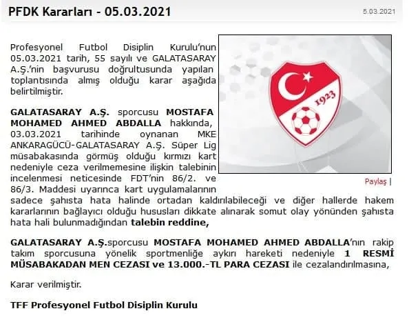 Galatasaray'da Mostafa Mohamed'in cezası belli oldu! - 1