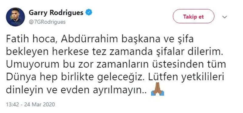 Garry Rodrigues'ten Fatih Terim ve Abdurrahim Albayrak'a geçmiş olsun mesajı - 1