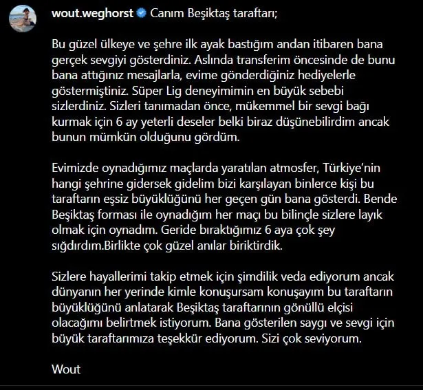 Wout Weghorts'tan Beşiktaş'a veda paylaşımı! - 1