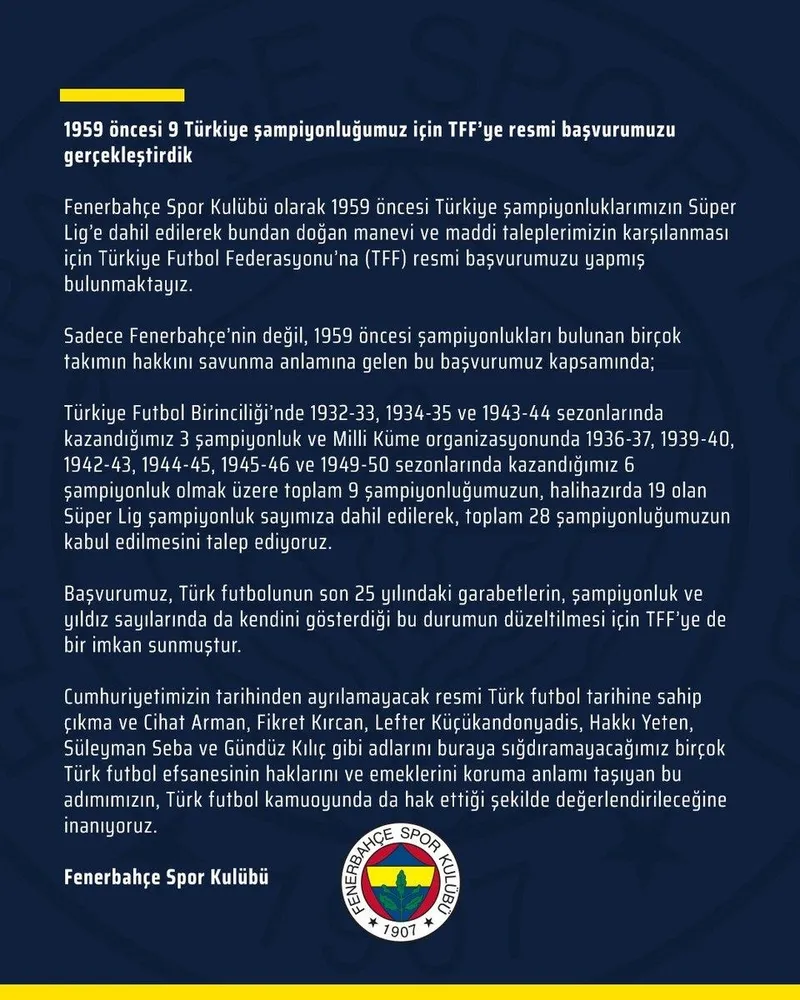Son dakika spor haberleri: Fenerbahçe'den TFF'ye şampiyonluk başvurusu - 1