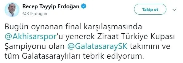 Başkan Erdoğan'dan Galatasaray'a tebrik - 1