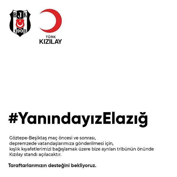Beşiktaş'tan taraftarlarına Elazığ'daki deprem için yardım çağrısı - 1