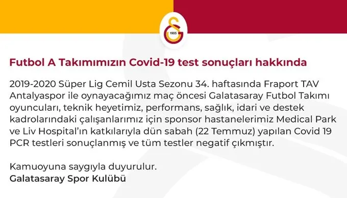 Galatasaray yeni tip corona virüsü (Covid-19) test sonuçlarını duyurdu! - 1