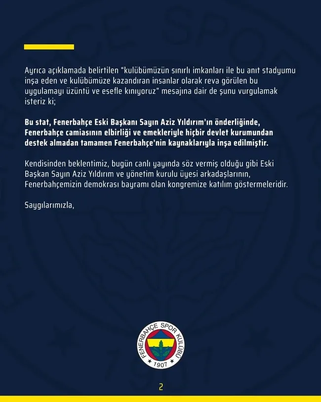 Son dakika spor haber: Aziz Yıldırım'ın kongreye katılmama kararı üzerine Fenerbahçe'den açıklama geldi! - 2