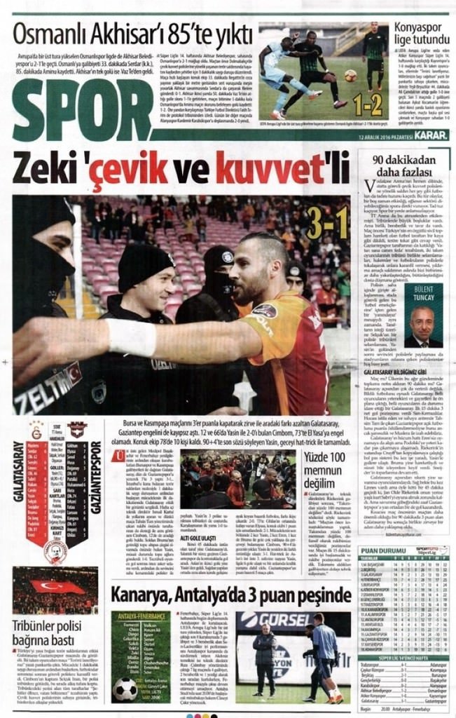 12 Aralık 2016 gazete manşetleri