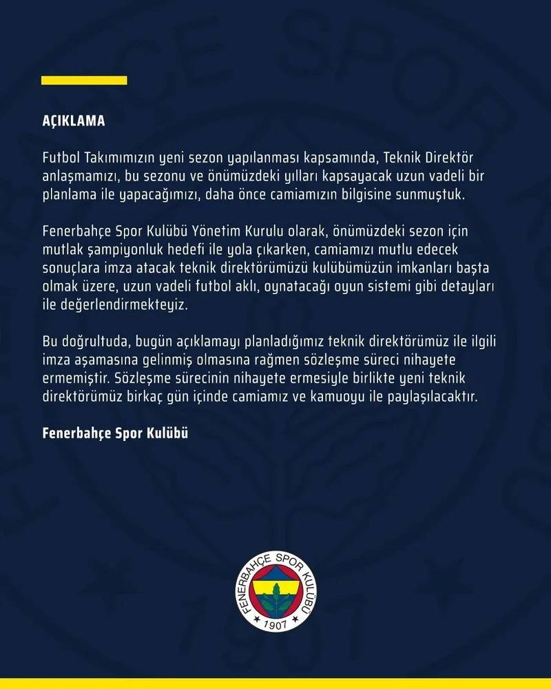 Fenerbahçe'den teknik direktör açıklaması! "Birkaç gün içerisinde..." - 1