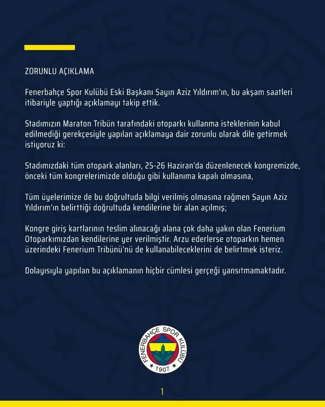 Son dakika spor haber: Aziz Yıldırım'ın kongreye katılmama kararı üzerine Fenerbahçe'den açıklama geldi! - 1