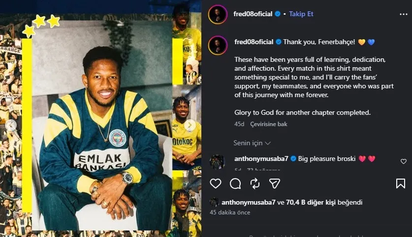 Fred'den Fenerbahçe'ye veda paylaşımı! - 1