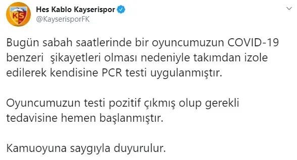 Kayserispor'da 1 futbolcunun yeni tip corona virüsü (Covid-19) testi pozitif çıktı - 1