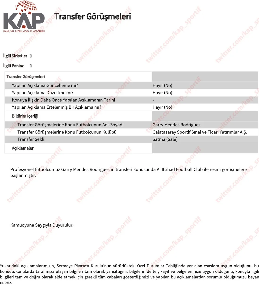 Galatasaray'dan Rodrigues için KAP açıklaması geldi - 1