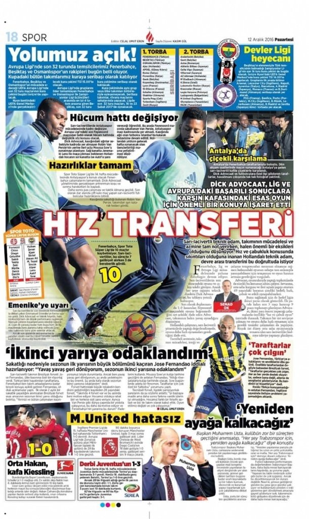 12 Aralık 2016 gazete manşetleri