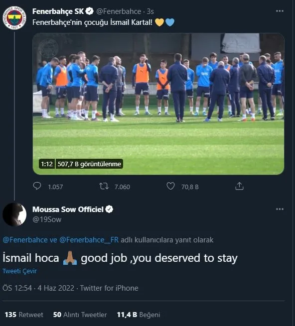 FENERBAHÇE HABERLERİ - Moussa Sow'dan İsmail Kartal paylaşımı! - 1