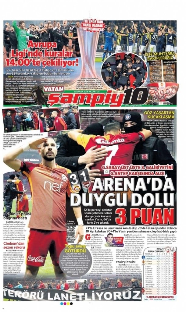 12 Aralık 2016 gazete manşetleri