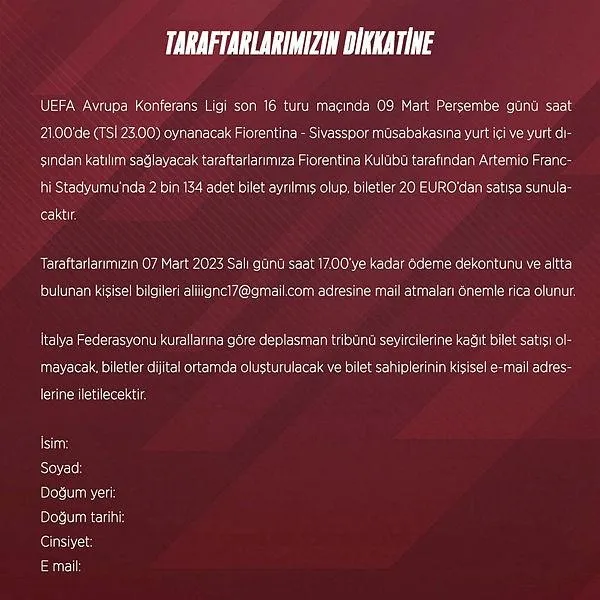 Sivasspor'dan Fiorentina maçının biletleriyle ilgili açıklama! - 1
