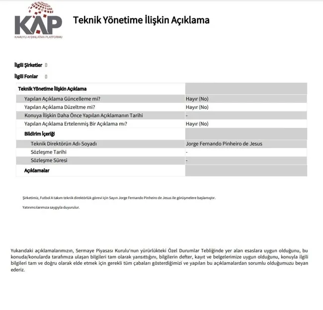 SON DAKİKA FENERBAHÇE HABERLERİ - Kanarya Jorge Jesus'u KAP'a bildirdi! - 1