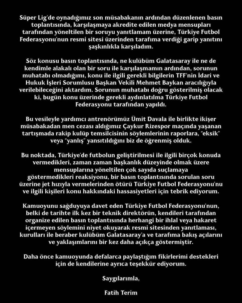 Galatasaray Teknik Direktörü Fatih Terim'den TFF'ye flaş yanıt! "Açıkça göstermiştir" - 1