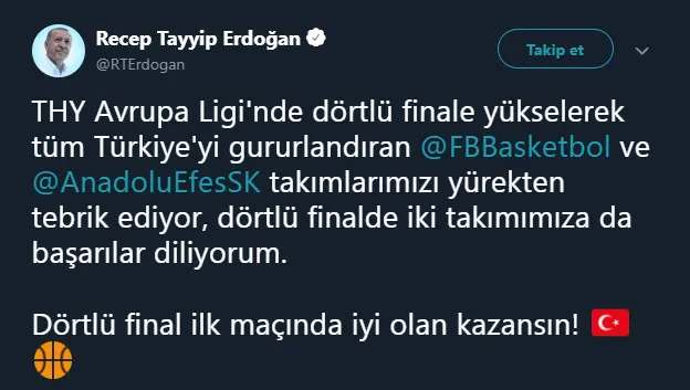 Başkan Recep Tayyip Erdoğan’dan Fenerbahçe Beko ve Anadolu Efes’e tebrik - 1