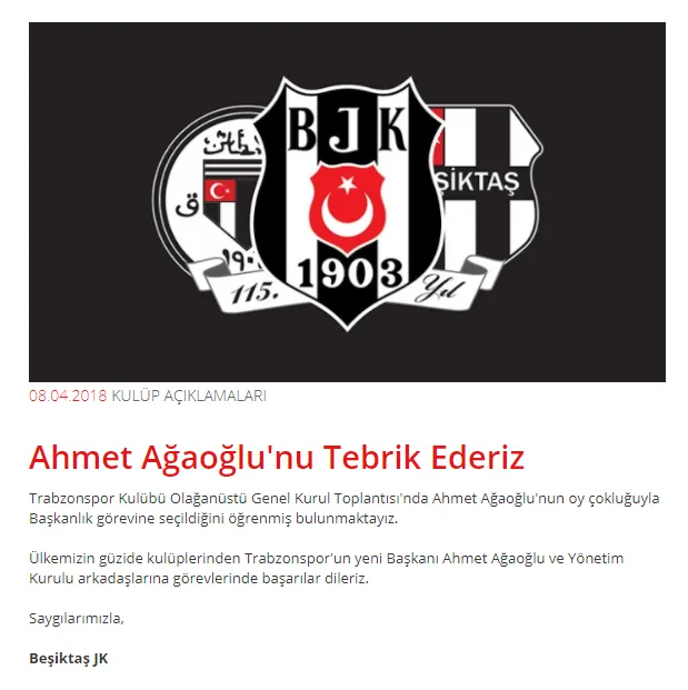 Beşiktaş Kulübü'nden Ahmet Ağaoğlu'na tebrik mesajı - 1