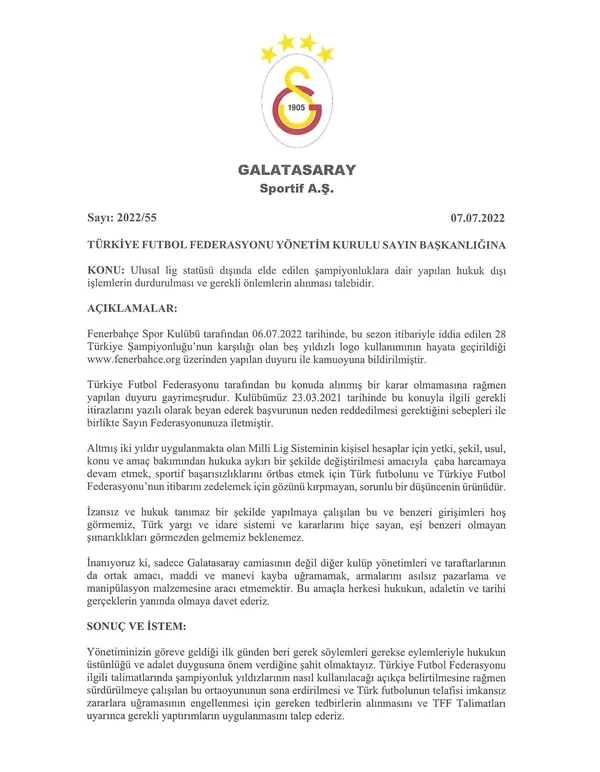 Galatasaray'dan TFF'ye mektup! Fenerbahçe... - 1