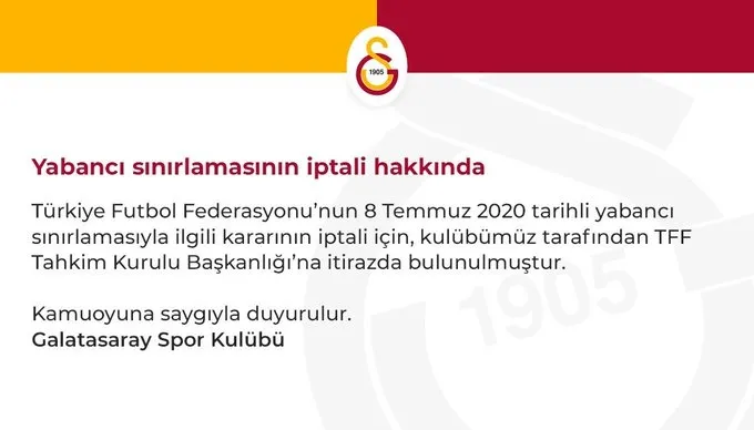 Galatasaray yabancı sınırının iptali için Tahkim Kurulu'na başvurdu - 1