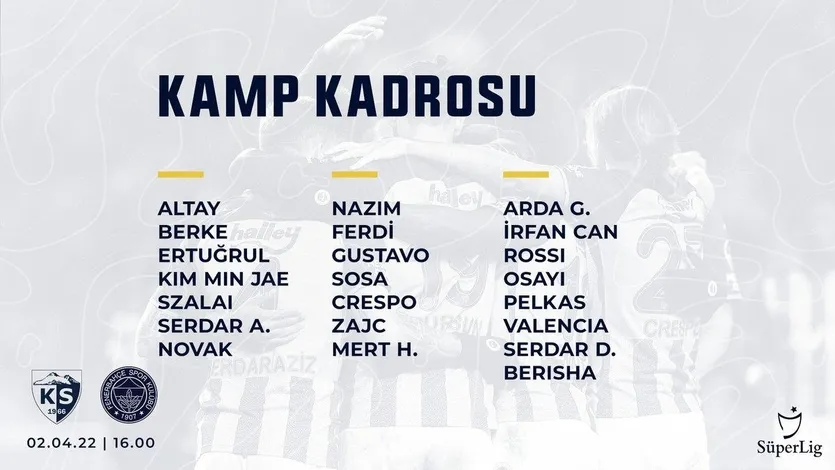 FENERBAHÇE HABERLERİ: F.Bahçe'nin Kayserispor kamp kadrosu belli oldu! - 1