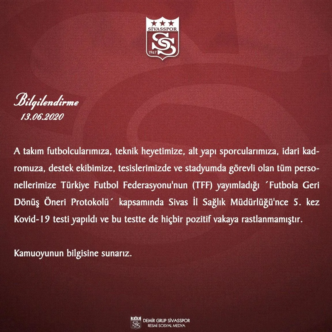Sivasspor corona virüsü test sonuçlarını duyurdu - 1