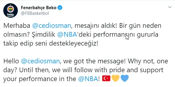 Fenerbahçe'den Cedi Osman'a: Bir gün neden olmasın? - 1