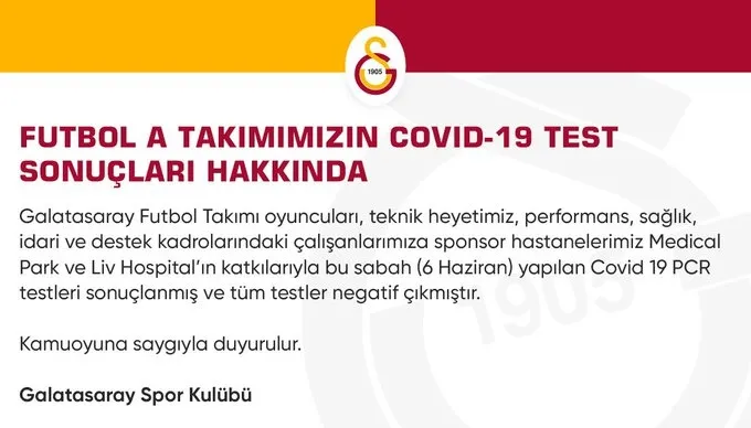 SON DAKİKA: Galatasaray corona virüsü test sonuçlarını açıkladı - 1