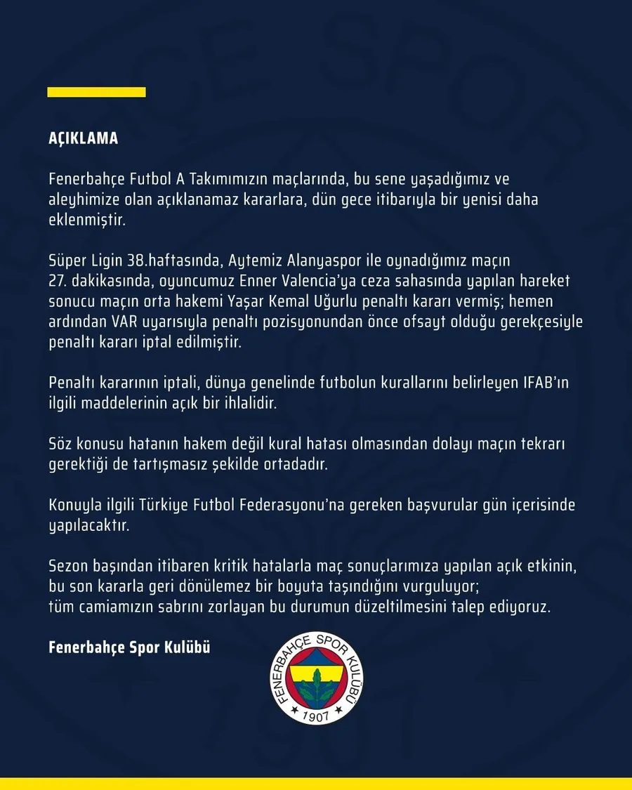 Son dakika spor haberi: Fenerbahçe'den kural hatası itirazı! TFF'ye başvuru yapılacak - 1