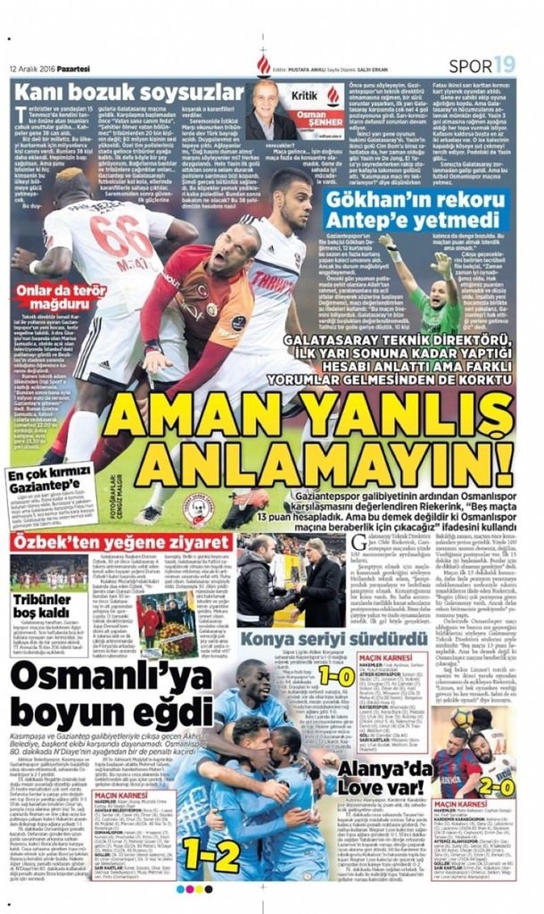 12 Aralık 2016 gazete manşetleri