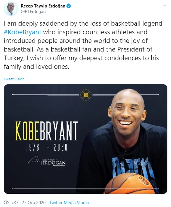 Başkan Recep Tayyip Erdoğan'dan Kobe Bryant mesajı: Başsağlığı dileklerimi iletiyorum - 1