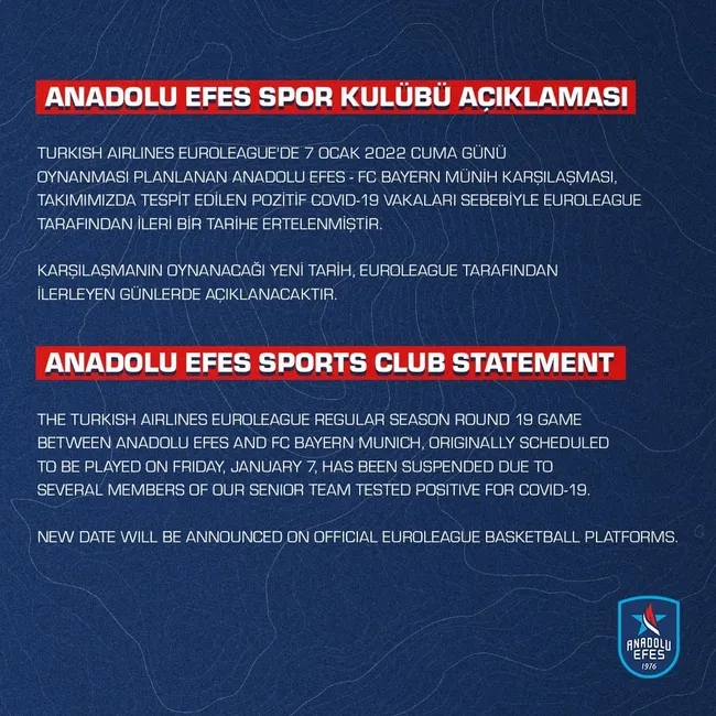 THY EuroLeague'de oynanacak olan Anadolu Efes - Bayern Münih maçı ertelendi! - 1