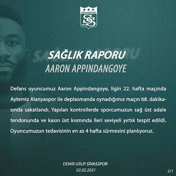 Sivasspor sakatlığı duyurdu! Aaron Appindangoye 4 hafta yok - 1