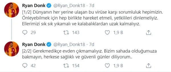 Galatasaraylı Ryan Donk'tan koronavirüs uyarısı! "Sahada olduğumuza bakmayın..." - 1