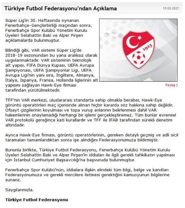 TFF savcılığa başvurdu! Fenerbahçe'nin açıklaması sonrasında... - 1