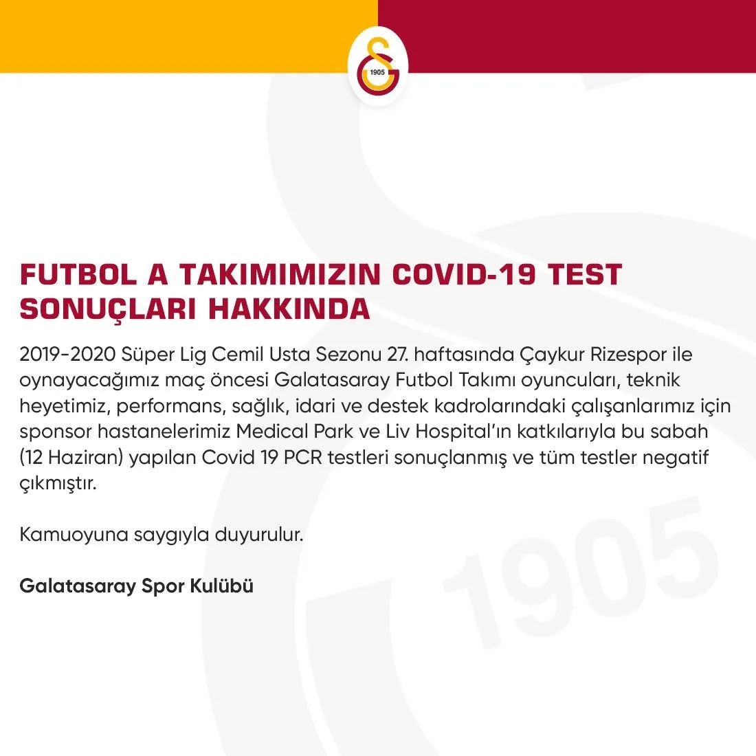 Galatasaray corona virüsü test sonuçlarını duyurdu - 1