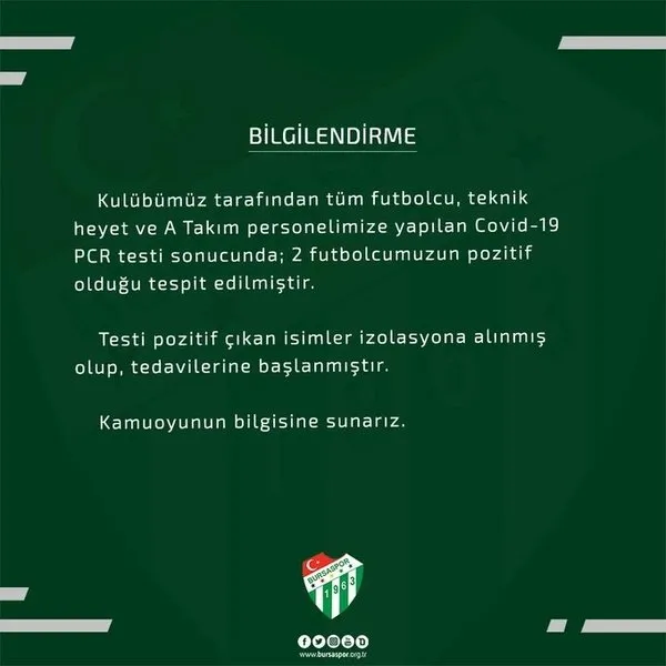 Bursaspor’da iki futbolcunun corona virüsü testi pozitif çıktı - 1